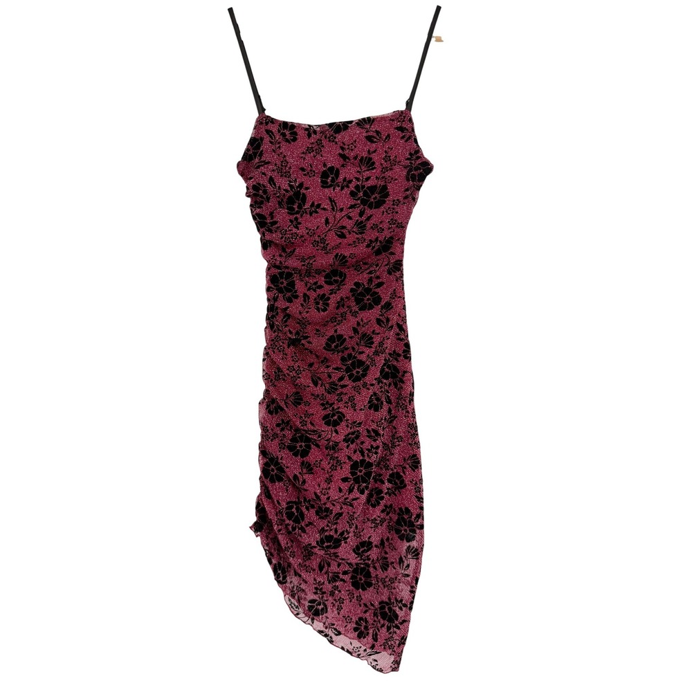 Jump Apparel‎ Burgundy Floral Ruched Asymmetrical Mesh Sparkle Dress Y2K